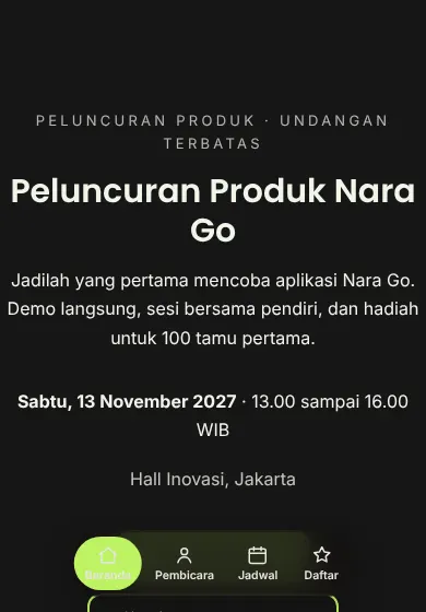 Contoh tampilan template Peluncuran Produk Nara Go