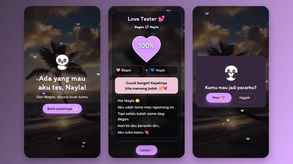 Contoh tampilan template Love Tester