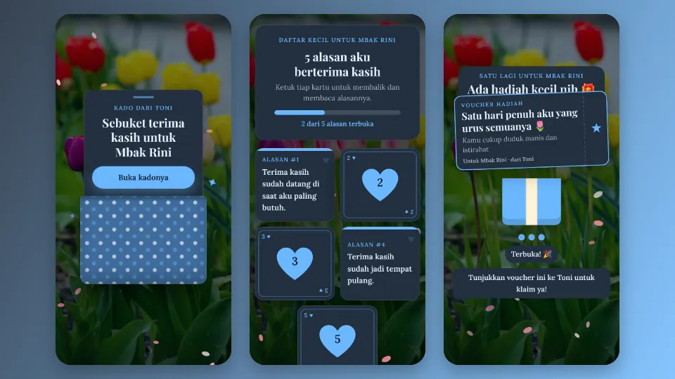 Contoh tampilan template Buket Alasan Berterima Kasih